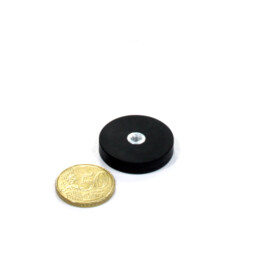 Rubber-coated pot magnet, 31mm, holds 7.5 KG, with internal thread